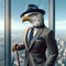 Eagle Mascot Businessman Portrait Avatar. Vision of Success: A Sophisticated Animal Overlooks the Urban Jungle,