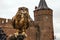 Eagle owl against Muiderslot castle. Holland.