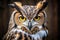 Eagle Owl Bubo bubo close up, great horned owl portrait, AI Generated