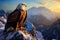 eagle perches proudly on a rock, with the backdrop of a great mountain landscape.