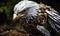 The eagle robot\\\'s sharp metallic talons gripped onto the branch, providing a stable perch