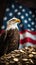 Eagle with several gold coins usa flag background