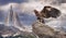 An eagle sits on a rock in the winter mountains