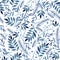 Eamless watercolor pattern with blue botanical ornament. christmas winter print with abstract leaves and fir branches on white bac