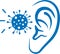 Ear infection icon, painful ear, virous attack ear blue vector icon.