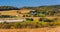 Early-autumn view of farm fields and rolling hills in rural York