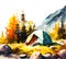Early fall camping in the mountains at sunny day. Watercolor illustration