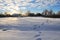 Early frosty morning in small ukrainian village. Winter scenery.