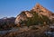 Early morning autumn alpine Dolomites mountain scene. Falzarego Path view, Belluno, Italy. Snowy Marmolada massif and Glacier in