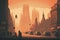 early morning busy city center with towering buildings in smog retro city landscape