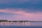 Early in the morning in the Danube Delta. Pelicans in the water at sunrise, preparing for breakfast