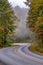 Early morning foggy autumn roads on blue ridge parkway near asheville nc