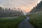 Early morning haze in the Alps. There is a narrow road leading to high mountains through a meadow. The high Alpine peaks