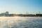 In the early morning, a light fog settles on the river Weser in Bremen