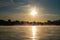 In the early morning, a light fog settles on the river Weser in Bremen