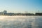 In the early morning, a light fog settles on the river Weser in Bremen