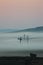 Early morning mist over a farm with windmills