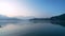 Early morning misty Sun Moon Lake, panorama, silhouette of lake and mountains