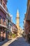 Early morning in old narrow streets of Chania, Crete, Greece and historical monument of Ottoman era - Ahmet aga minaret.