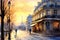 Early morning in Paris, people walking on the street with view to the Eiffel tower