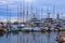 Early morning in port of Monaco. Rows of luxury yachts and different boats moored at the pier. Landscape view of port in Monaco