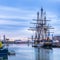 In the early morning, in the port of SÃ¨te, during a demonstration, gathering old rigs.