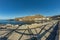 Early morning of quiet warm, sunny weather in the beach and harbor of Playa de Santiago. Panoramic, fisheye lens, wide angle view