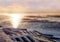 Early morning by the sea in winter. Steam over water in frost. Black Sea. Odessa.