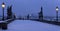 Early Morning snowy Prague Lesser Town with gothic Castle, Bridge Tower and St. Nicholas\' Cathedral from Charles Bridge