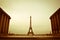 Early morning spring sepia view on Eiffel Tower