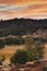 Early morning sunlight on hills in autumn, grove of live oaks foreground, sunrise sky of orange, yellow, gold, red, vertical forma