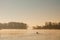 Early morning sunrise, boating on the lake in a huge fog