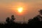 Early morning sunrise on cloudy sky over electrical utility pole surrounded with fog over dense trees