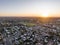 Early morning sunrise high angle aerial drone view of the historic outback mining town of Broken Hill, New South Wales, Australia