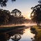 Early morning sunrise and rising mist over the Murray River in Corowa.