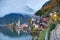 Early morning view of Hallstatt with beautiful reflections on smooth lake water