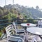 Early morning view of Modern rooftop restaurant at Kasauli, Himachal Pradesh in India, View of mountain hills from open air