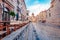 Early morning view of Palace. Empty street of popular tourisd destination - Dubrovnik Old Town.