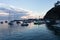 Early morning wide view of sunrise seascape, Avalon Bay, Santa Catalina Island with sailboats, yachts and fishing boats