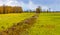 Early spring view of Biebrza river wetlands and nature reserve landscape with irrigation ditch in Mscichy village in Poland