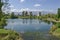 Early springtime green, dry reed or rush and house on a beauty lake in residential district Drujba