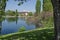 Early springtime green, dry reed or rush and house on a beauty lake in residential district Drujba