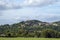 Early summer view across fields to hilltop Penne d`Agenais