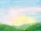 Early sunny morning, gentle landscape with fog. Landscape painted with paints, horizontal background