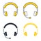 Earphones in glyph, icons set. Headset in silhouette. Headphones with microphone, can be used for listening music, customer