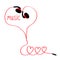 Earphones and red cord in shape of three hearts. Word music. White background. Isolated. Flat design.