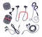 Earphones set. Wired and wireless audio equipment, music listening in-ear electronic music devices flat cartoon vector