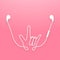 Earphones wireless and remote, earbud type white color and I Love You hand sign language made from cable isolated on pink