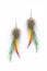 Earrings made of feathers on a white background