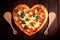 Ð eart shaped pizza on a wooden board. Generative ai